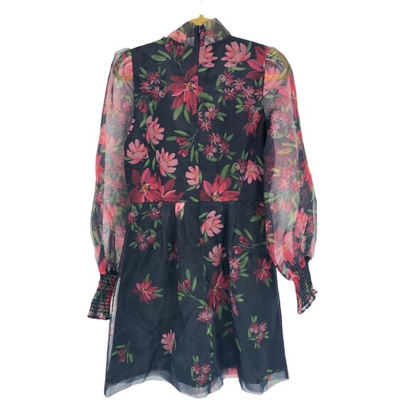 New NoTag Rachel Parcell Floral Tie Neck Long Sleeve Organza Satin Dress Size 4 - Picture 5 of 8